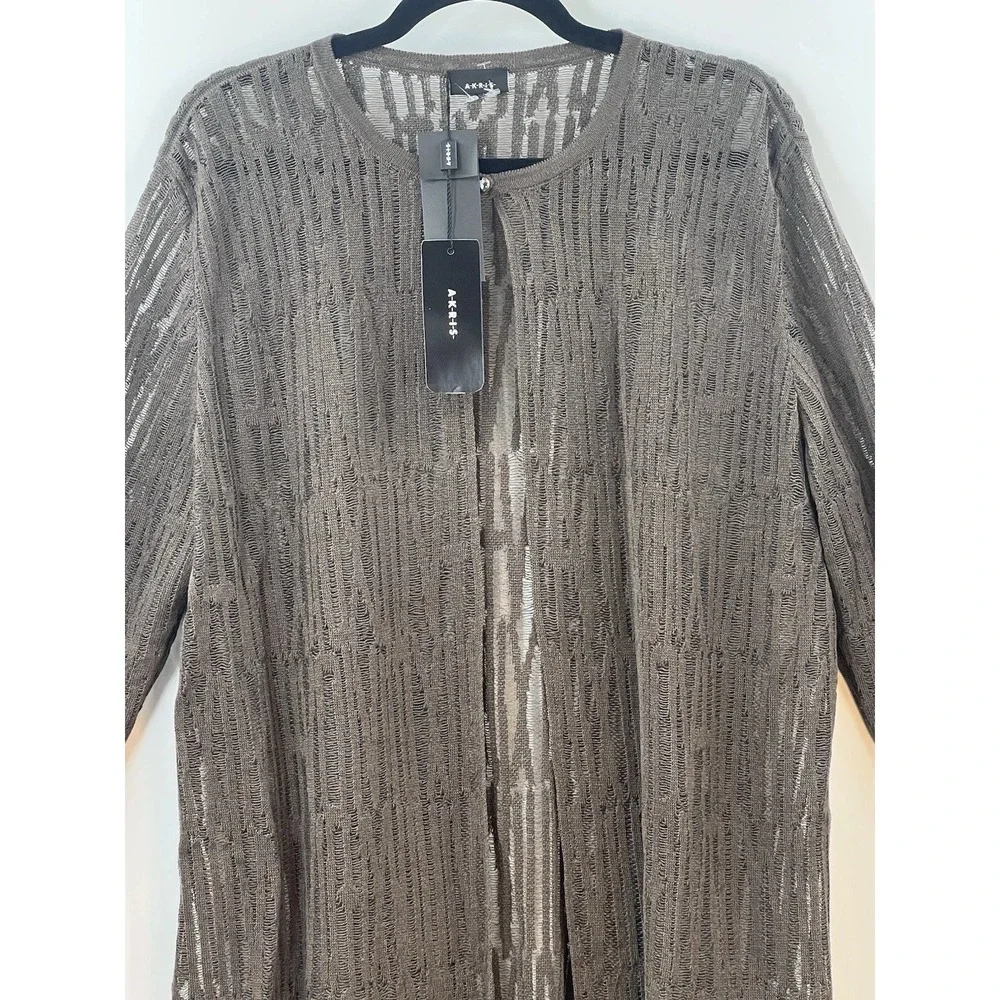 NWT Akris Cardigan Womens 14 Brown Linen Open Long Sleeve Mesh Duster Luxury